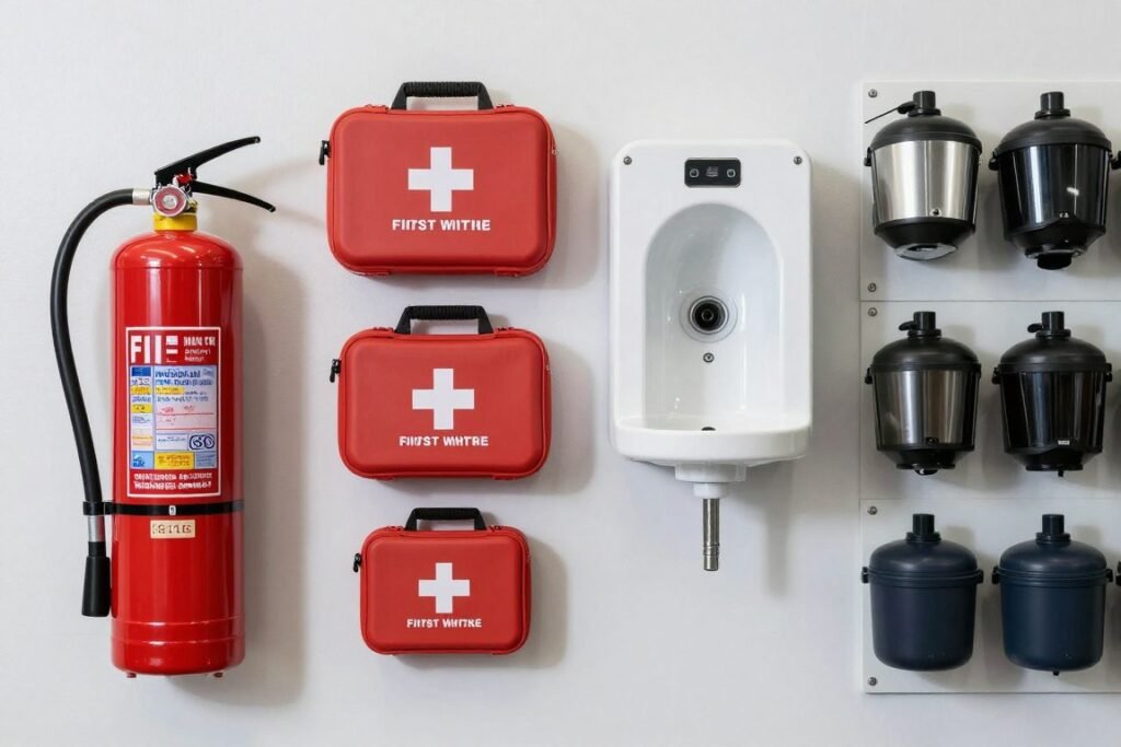 Safety equipment station in a well-organized mechanic garage