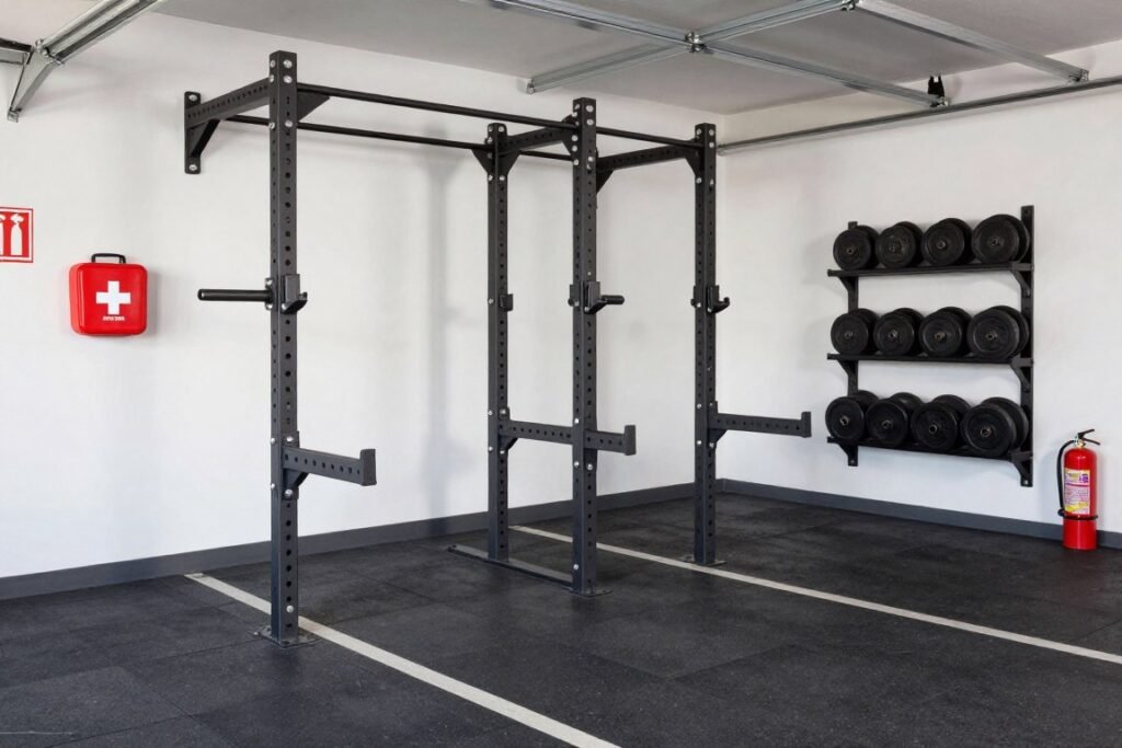 Safety features in a garage gym including spotter arms and first aid kit