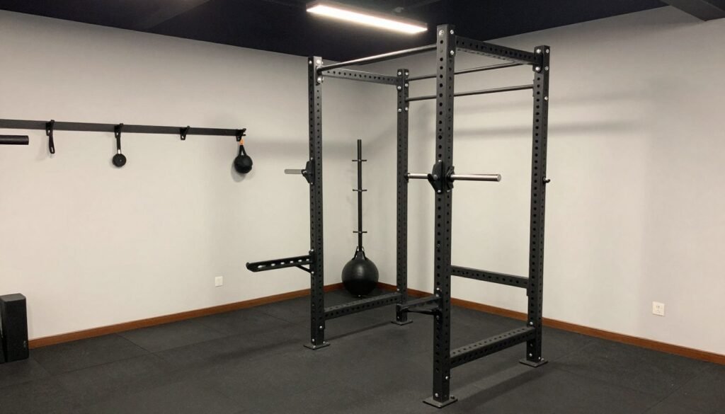 Safety features in a small garage gym including proper spacing and secure equipment