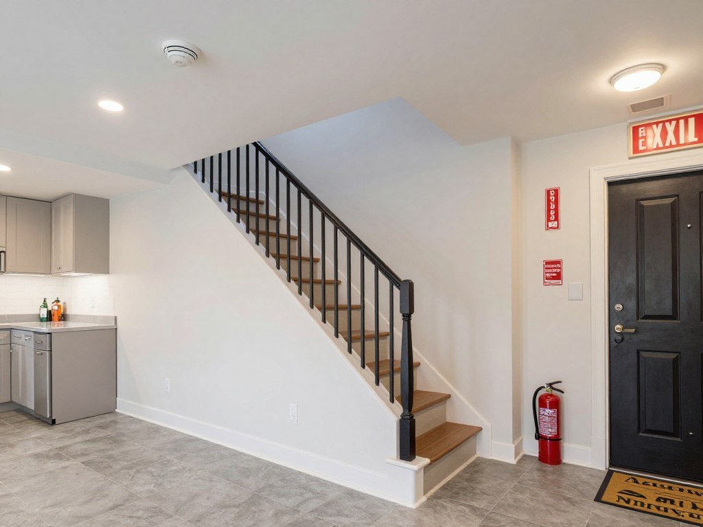 Safety features in an above garage apartment interior including smoke detectors and secure access