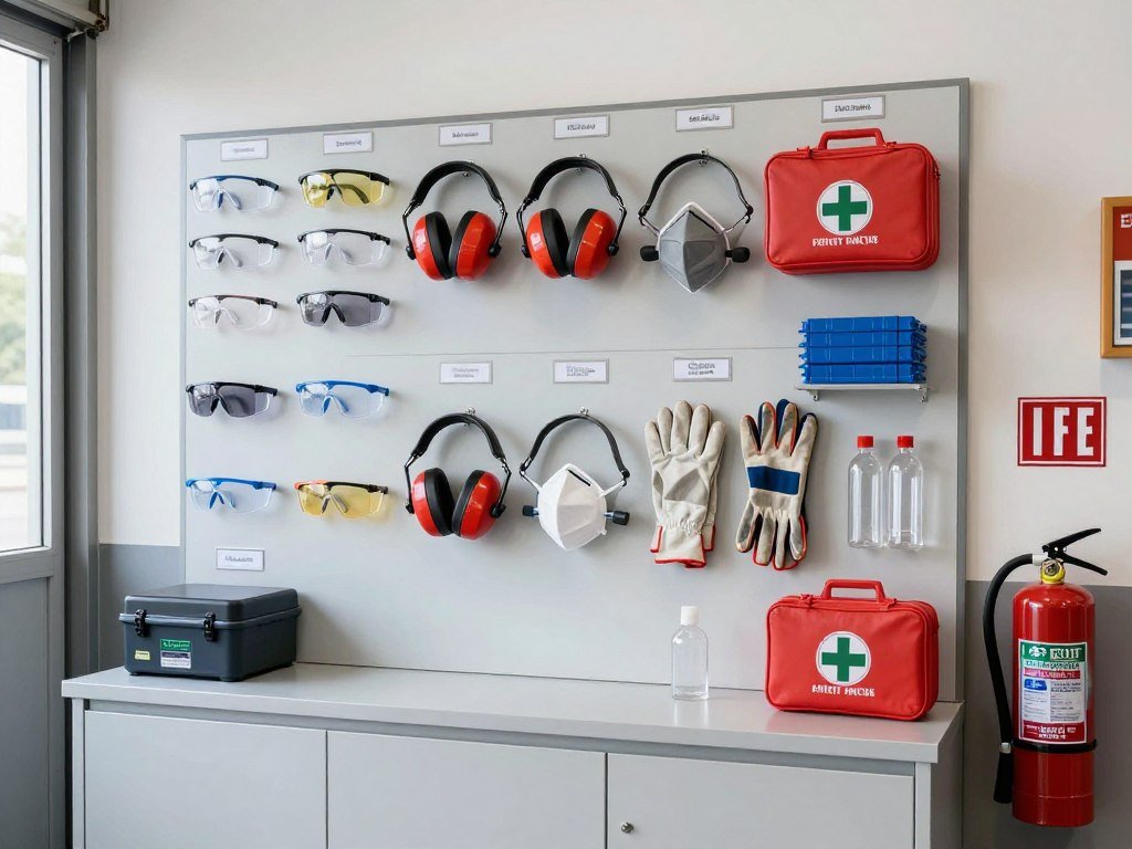 Safety station with organized protective equipment in a garage workshop