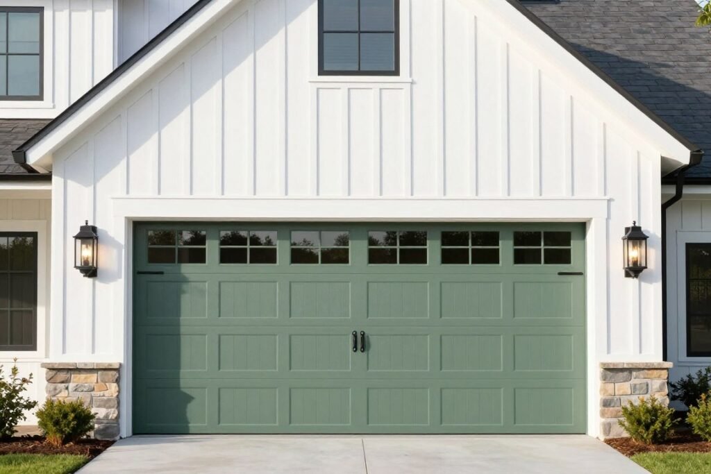 Sage green garage door on a white farmhouse style home with black hardware