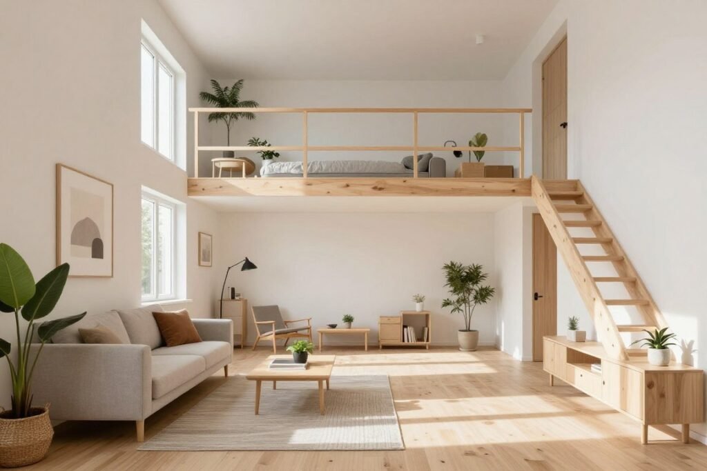 Scandinavian-inspired above garage apartment interior with light colors and natural elements