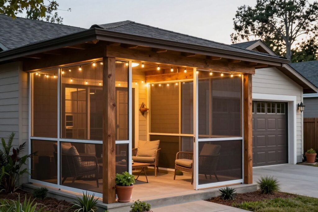 Screened breezeway with comfortable seating and outdoor-rated furnishings connecting house to garage Screened breezeway with comfortable seating and outdoor-rated furnishings connecting house to garage