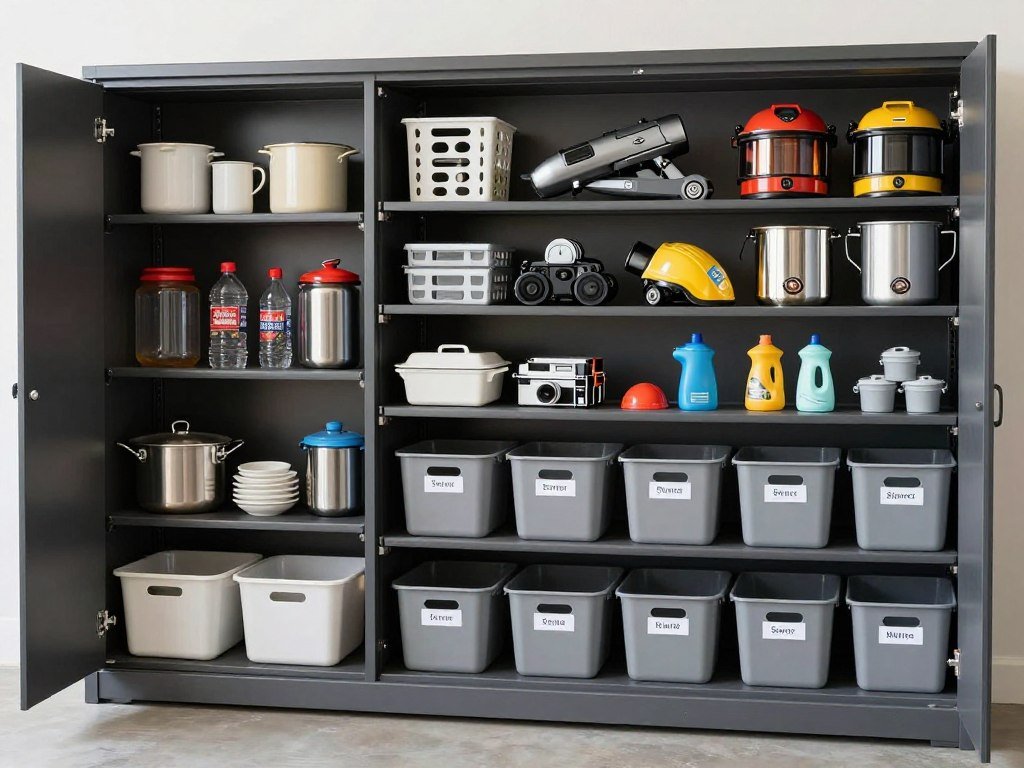 Seasonal garage storage rotation system with labeled bins