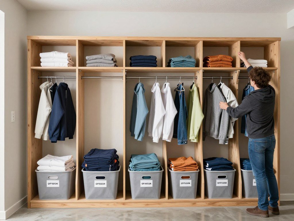 Seasonal rotation of items in a well-maintained garage mudroom