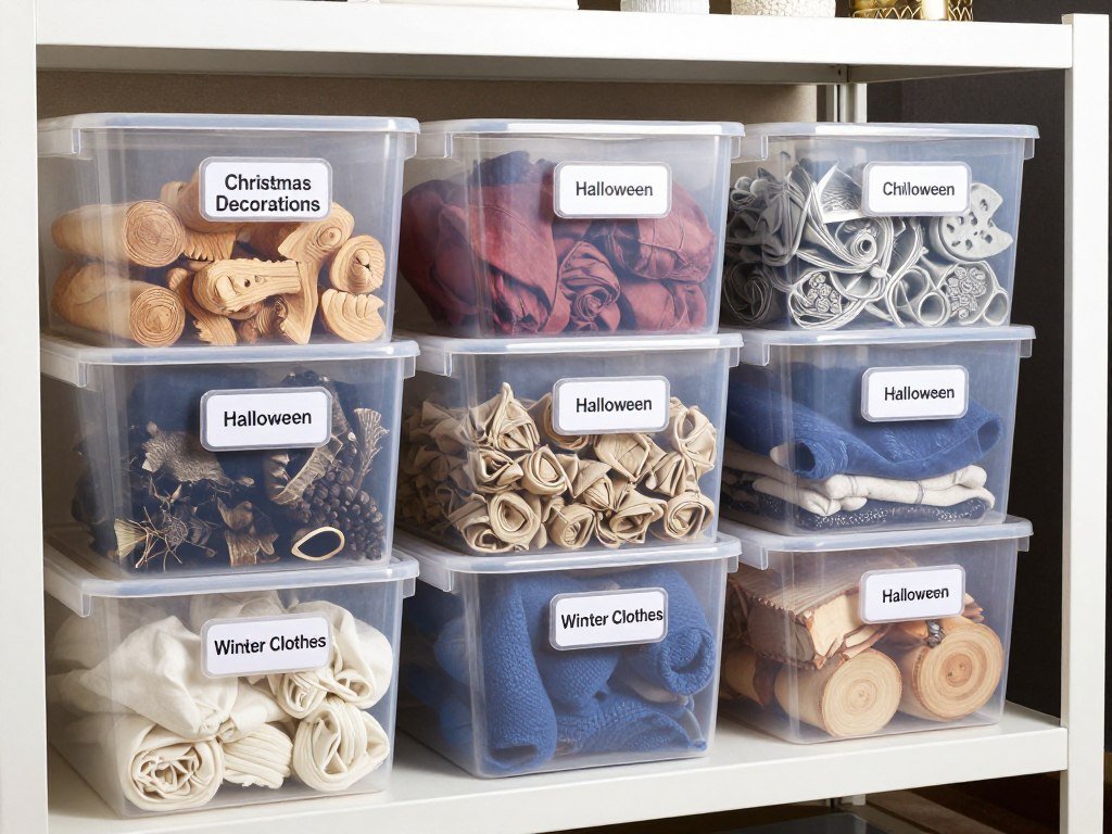 Seasonal storage bins stacked on garage shelving Seasonal storage bins stacked on garage shelving