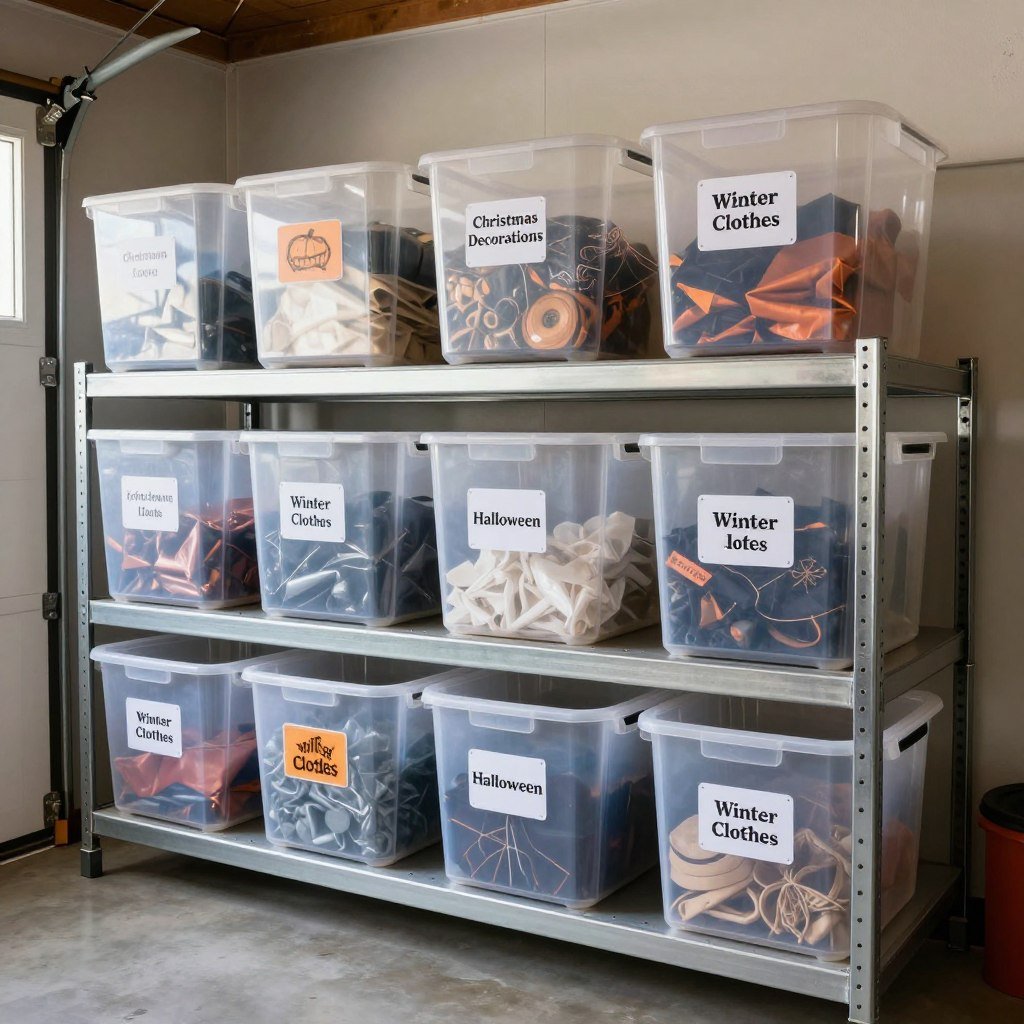 Seasonal storage zone with labeled bins on shelving