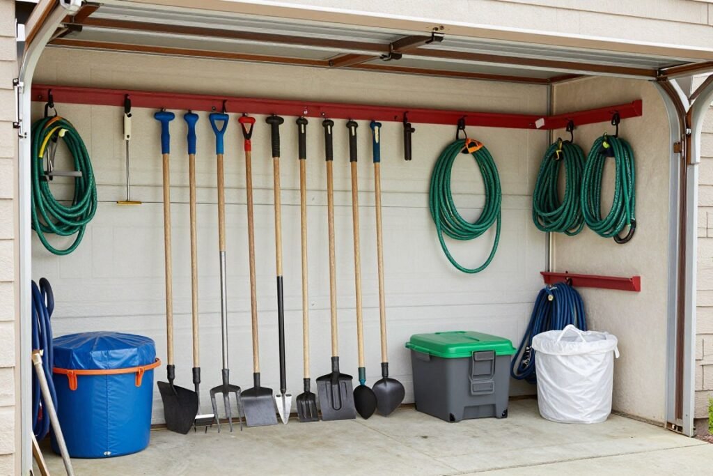 Seasonal yard equipment storage with wall-mounted tool holders and protective covers for off-season items