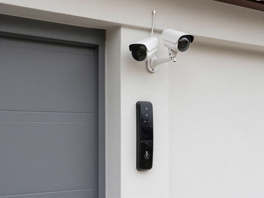 Security camera and smart lock on a garage man cave entrance