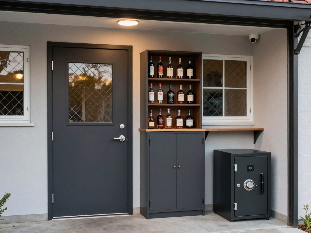 Security features for a garage bar including locks and storage solutions