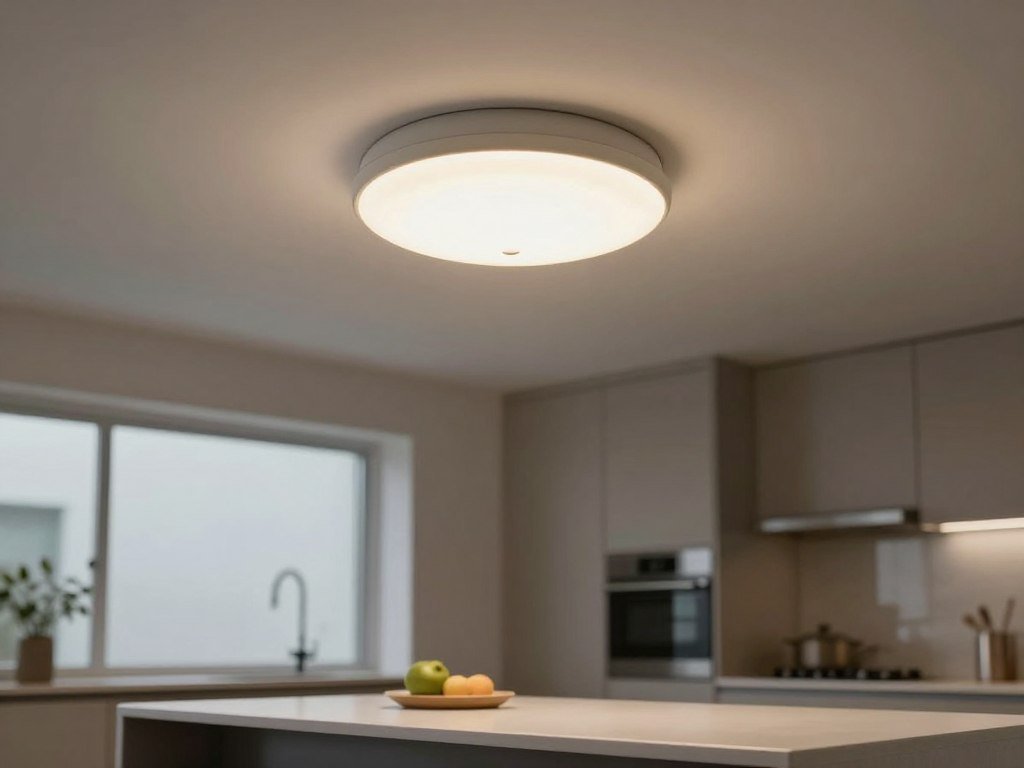 Semi-flush mount light fixture above a kitchen island in a room with low ceilings