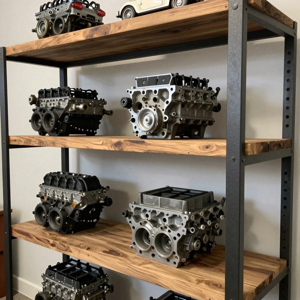Shelving unit created from engine blocks and wooden planks Shelving unit created from engine blocks and wooden planks