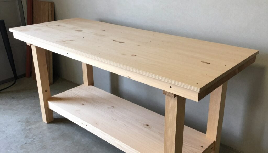 Simple garage workbench built with 2x4 lumber frame and plywood top