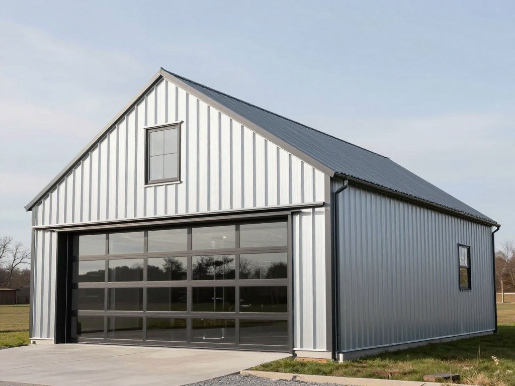 Single-slope modern barn garage with clean lines, metal siding, and minimalist design
