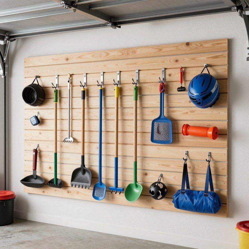 Slat wall system with various hooks holding garden tools and sporting equipment