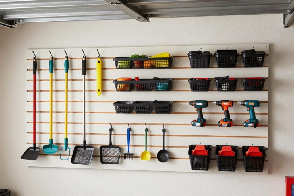 Slatwall garage storage system with various hooks and accessories Slatwall garage storage system with various hooks and accessories