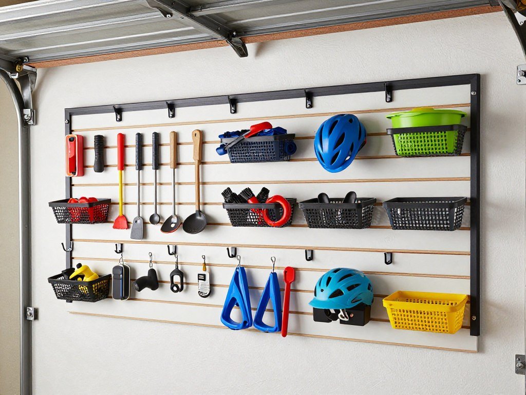Slatwall panel system with various hooks and accessories holding garage items Slatwall panel system with various hooks and accessories holding garage items