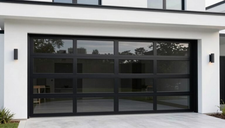 Sleek black aluminum garage door with full-view glass panels on a modern minimalist home
