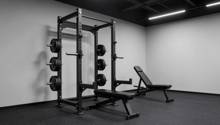 Sleek black garage gym with matching equipment and rubber flooring