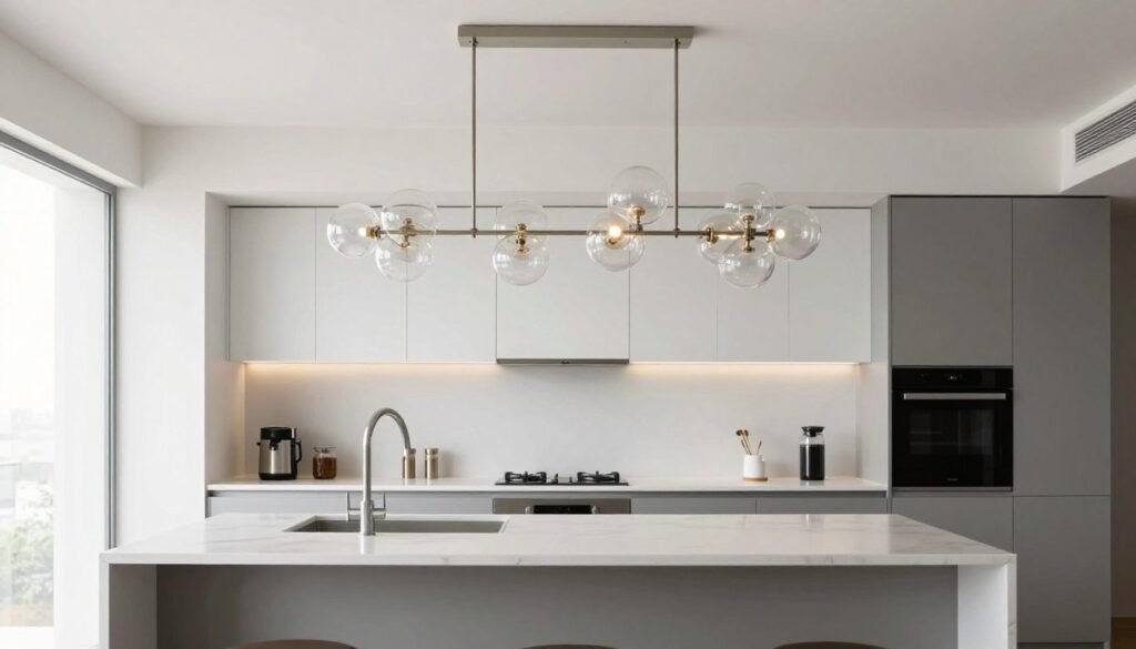Sleek linear chandelier with glass globes over kitchen island