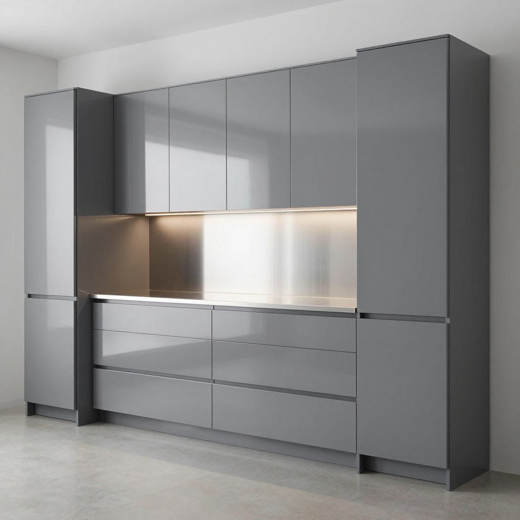 Sleek modern garage cabinets with stainless steel countertops