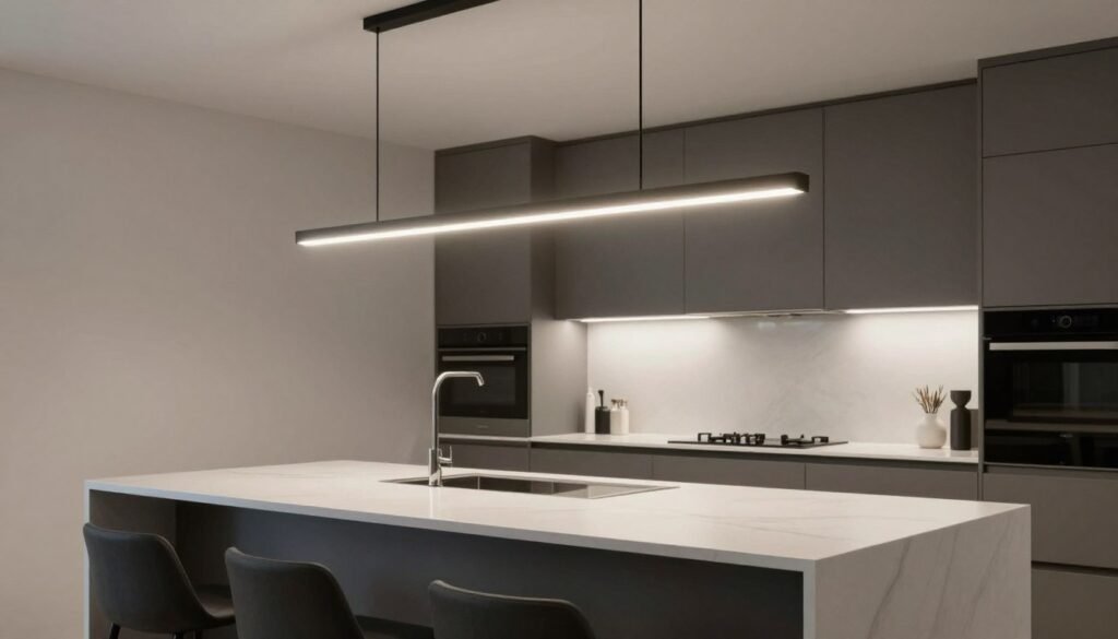 Sleek modern pendant lights with clean lines hanging over a contemporary kitchen island