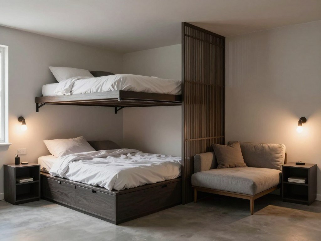Sleeping area in an above garage apartment interior with space-efficient bed solutions