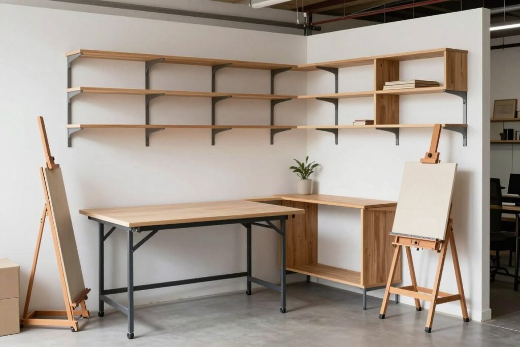 Small garage art studio with space-saving solutions like folding tables, wall storage, and multi-purpose furniture