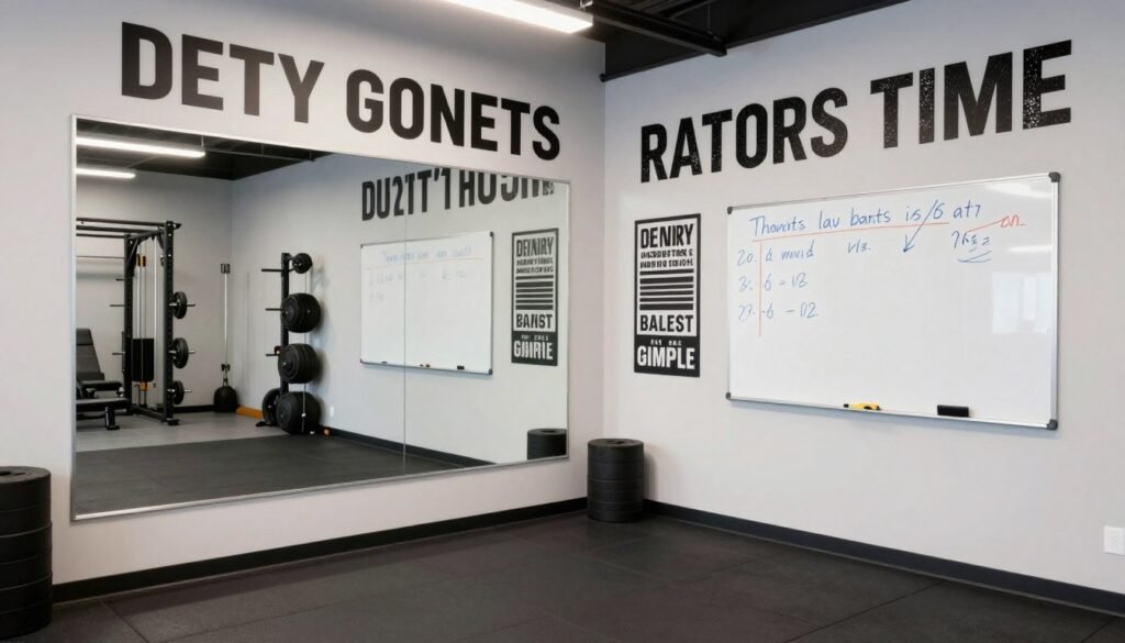 Small garage gym with motivational elements and mirrors