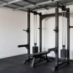 Small garage transformed into a functional home gym with compact equipment