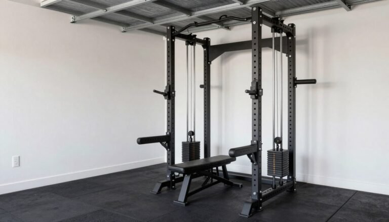Small garage transformed into a functional home gym with compact equipment