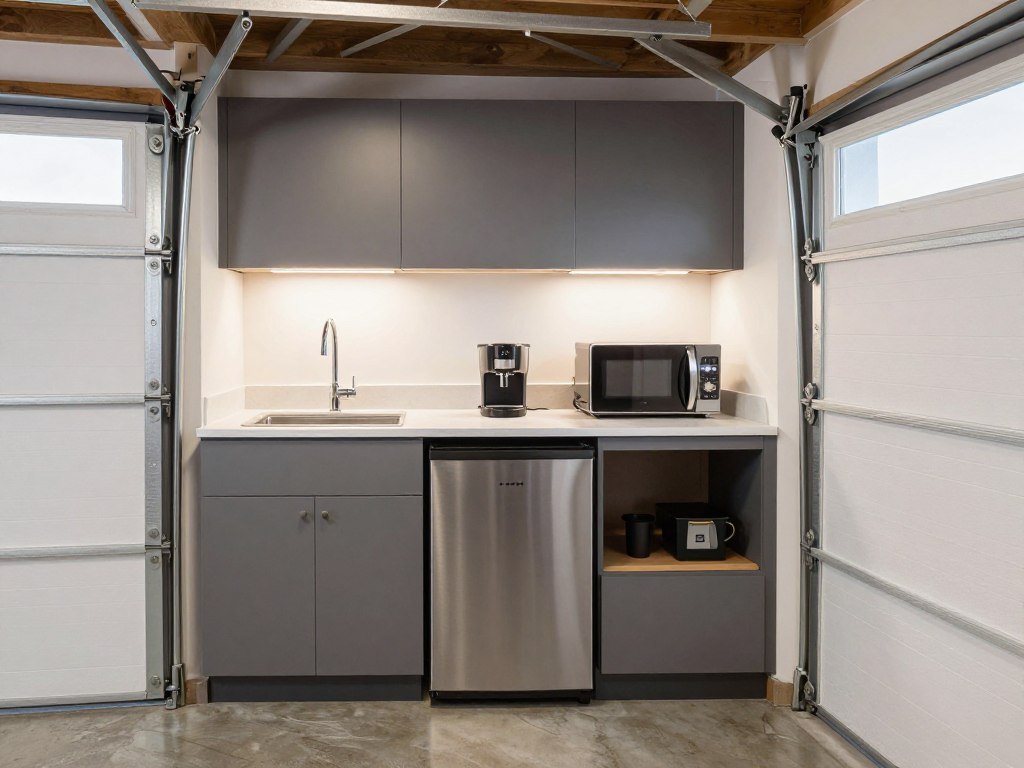 Small kitchenette area in a converted garage guest suite with mini-fridge and coffee station