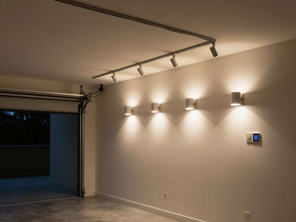 Smart lighting solutions in an above garage apartment interior with adjustable fixtures and dimmers