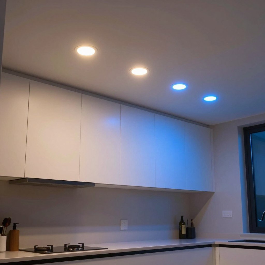 Smart recessed lights with color-changing capabilities in kitchen
