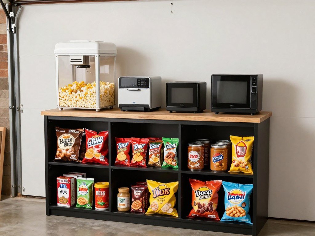 Snack station with popcorn maker and food storage in a garage man cave