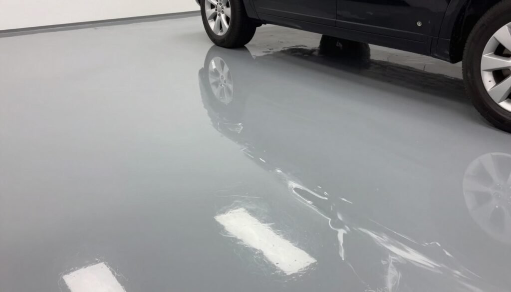 Solid gray epoxy garage floor with glossy finish