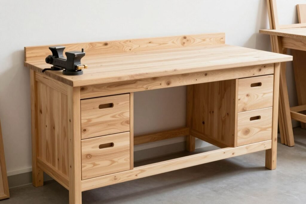 Solid wooden workbench with storage drawers and vises in a garage workshop Solid wooden workbench with storage drawers and vises in a garage workshop