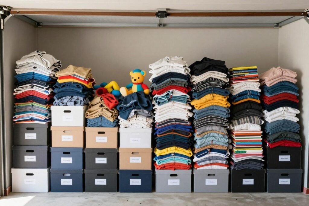 Sorted garage sale items organized into different categories with boxes labeled