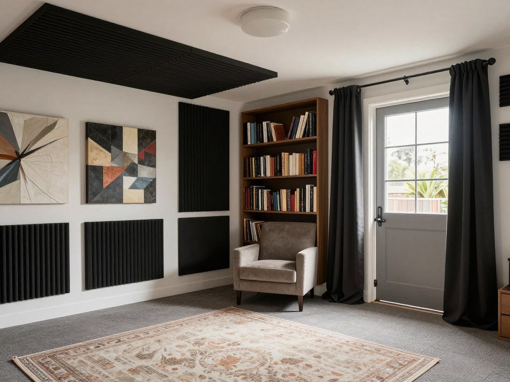 Sound insulation in an above garage apartment interior with acoustic panels and soft furnishings