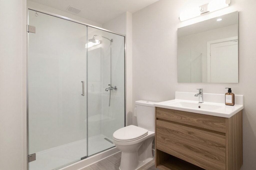 Space-saving bathroom in a garage conversion ADU with shower, toilet, and vanity Space-saving bathroom in a garage conversion ADU with shower, toilet, and vanity