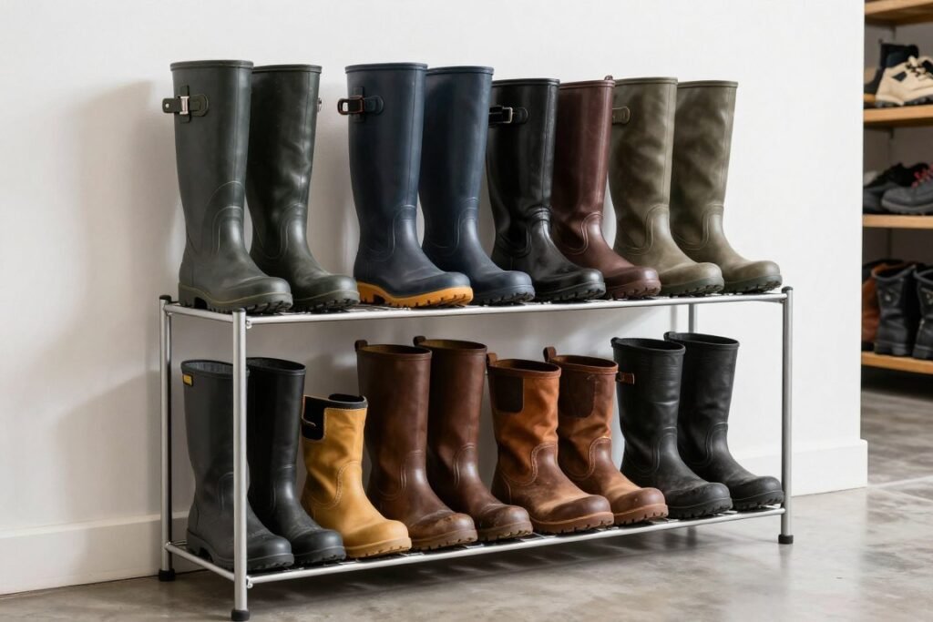 Specialized boot rack in garage holding tall boots and work boots upright