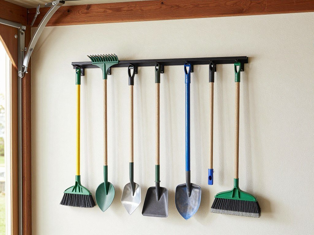 Specialized tool rack holding garden tools and equipment on garage wall Specialized tool rack holding garden tools and equipment on garage wall