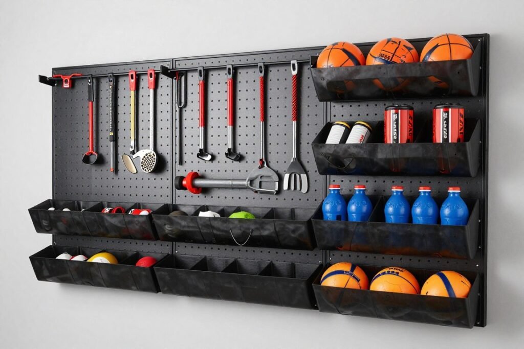 Specialty garage storage system with tool organizers and sports equipment racks