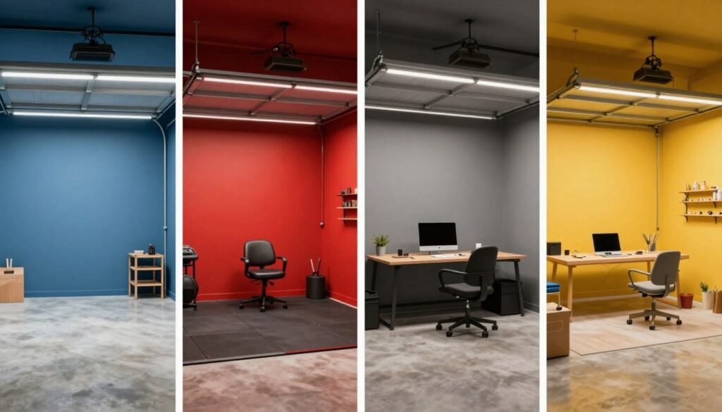 Split image showing different garage color schemes and their psychological effects