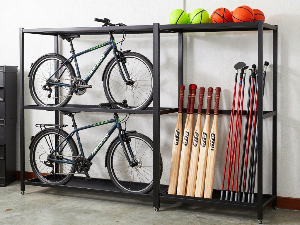 Sports equipment organizer holding bikes, balls, and other sporting goods Sports equipment organizer holding bikes, balls, and other sporting goods
