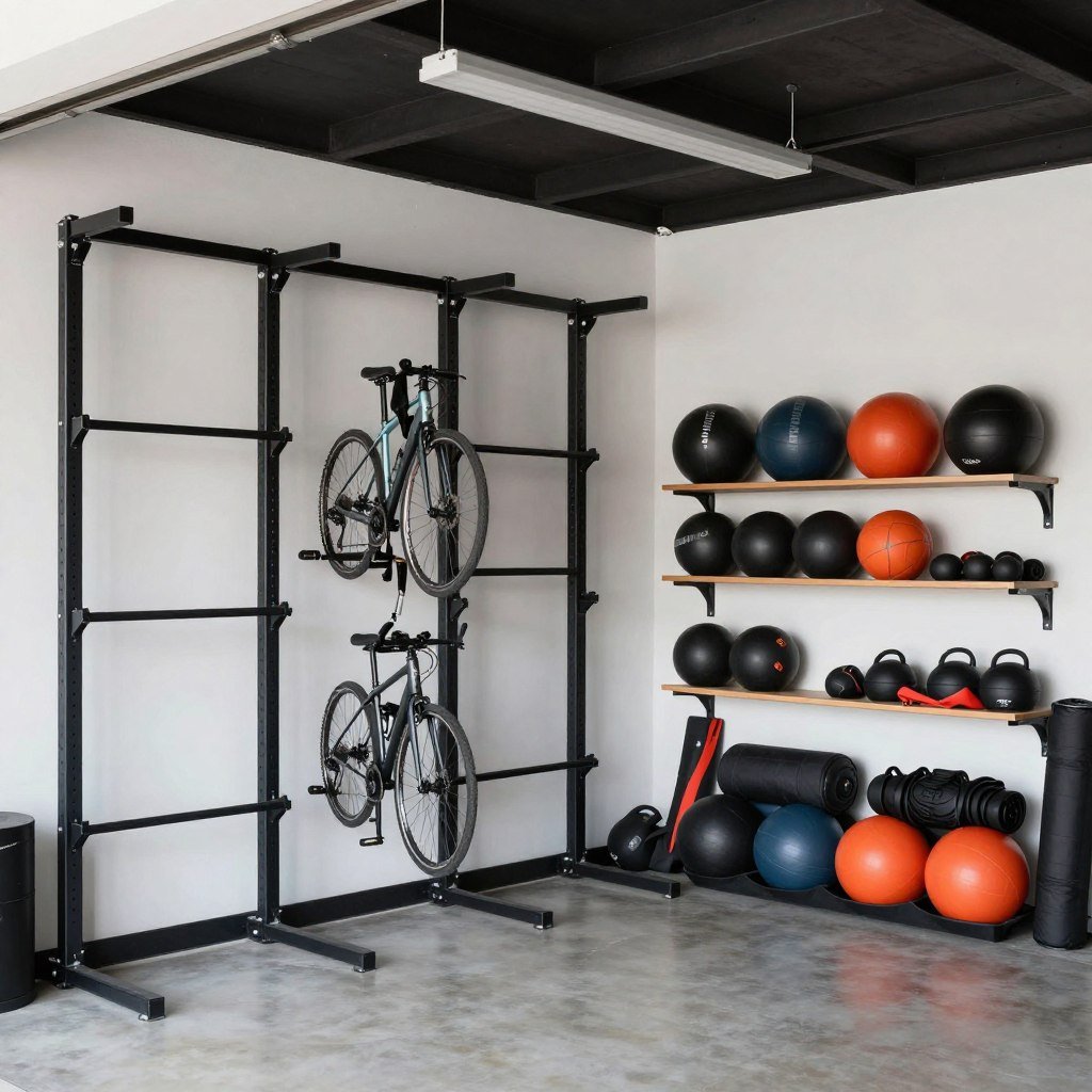 Sports equipment zone with ball racks and bike storage