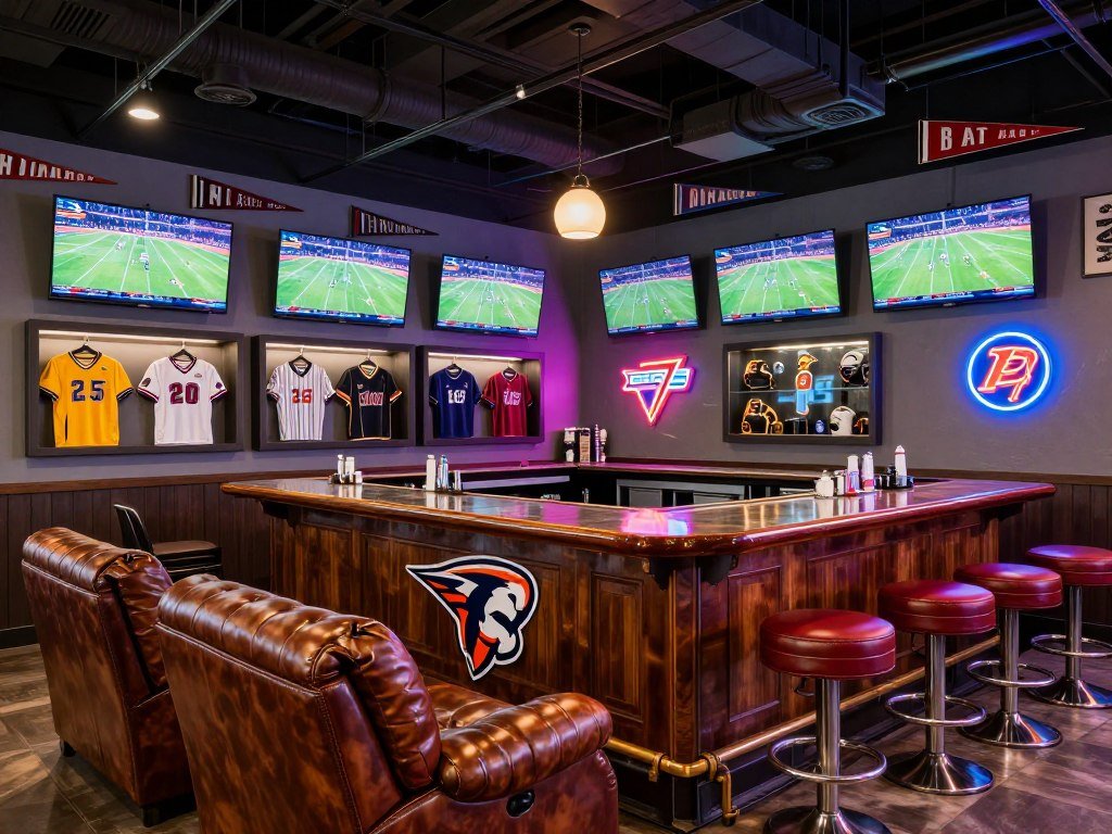 Sports-themed garage bar with memorabilia and team colors