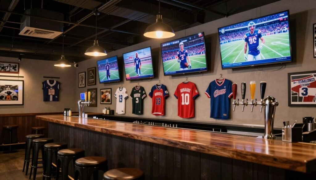 Sports-themed garage bar with multiple TVs and team memorabilia