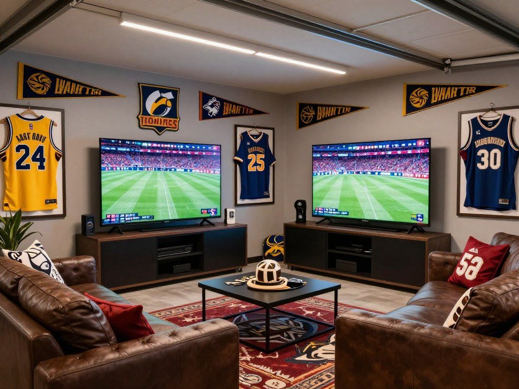 Sports-themed garage man cave with team memorabilia and large TV